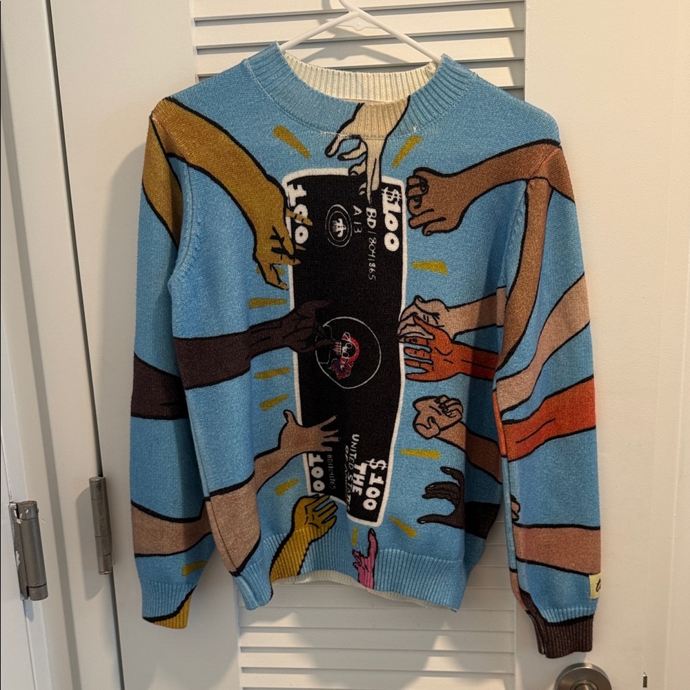Light Blue Graphic Crewneck Sweater with Multicolor Hand Motif